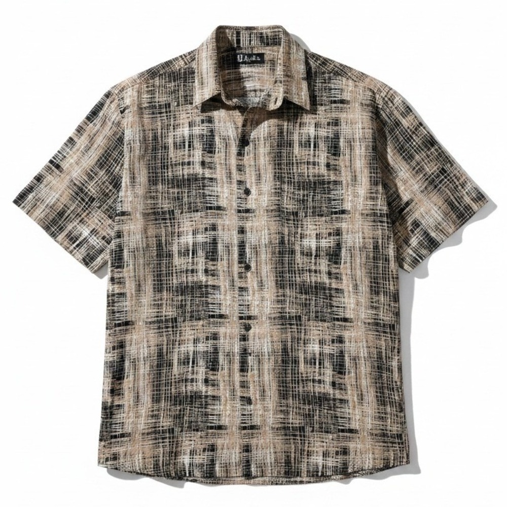 D'Avila Abstract Grid Short Sleeve Button Down, Black tan , Men's Large